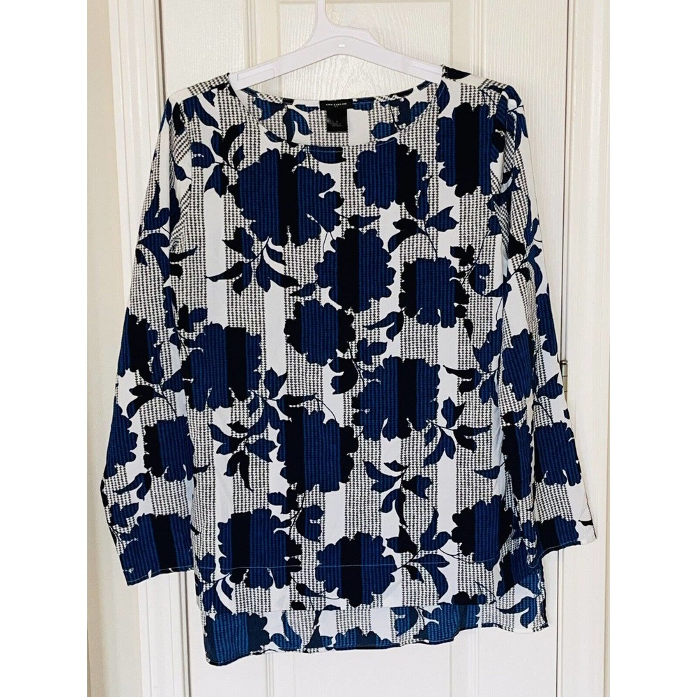 Ann Taylor Women's Gray Blue Black Floral Long Sleeve Blouse Shirt Top Medium